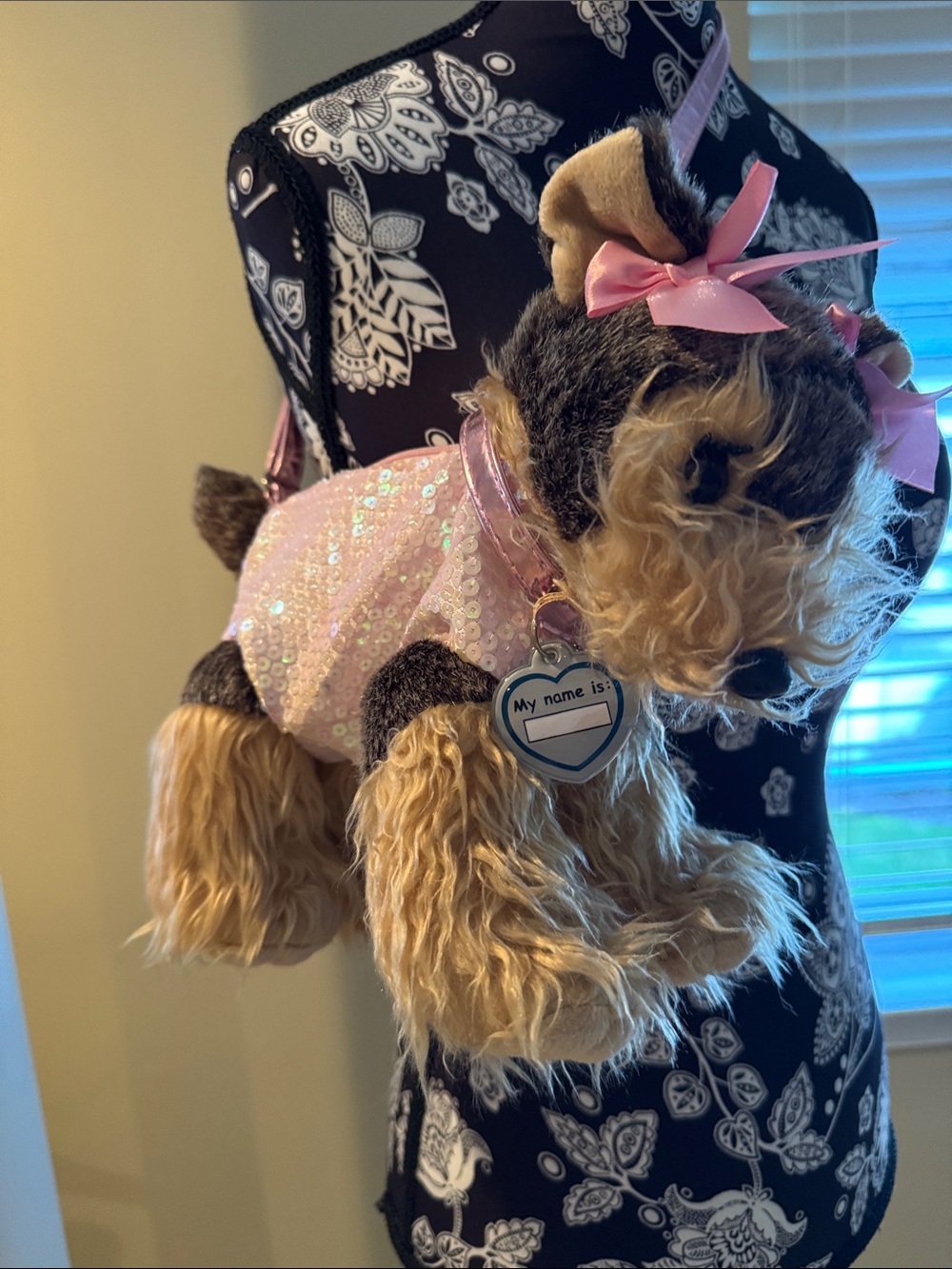 Plush Dog Crossbody Bag in Pink Sequin with Name Tag